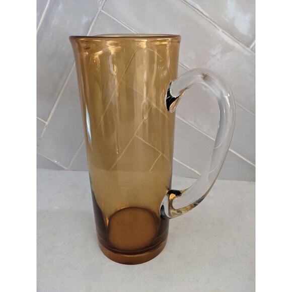 Vintage Mid Century Modern Pitcher Amber Brown Tall Mod Glass Vase - Picture 6 of 8